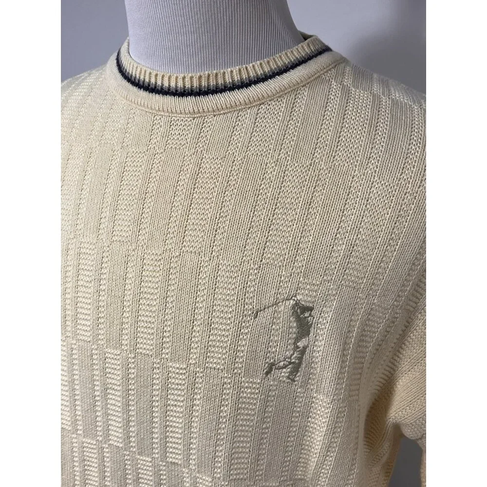Vtg Carmel Cotton Knit Sweater Cream Yellow Blue Trim Golfer Made in USA L Golf - Picture 2 of 11